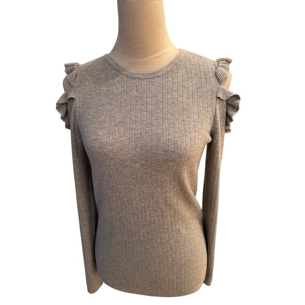 WHITE HOUSE BLACK MARKET.Gray Ribbed Knit Sweater Cold Shoulder Ruffle Sleeves M